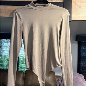H&M Long Sleeve Mock Neck Bodysuit in Beige